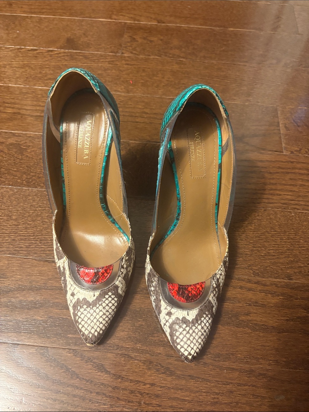 Aquazzura Python-Print Pointed Pumps with Red and Teal Accents